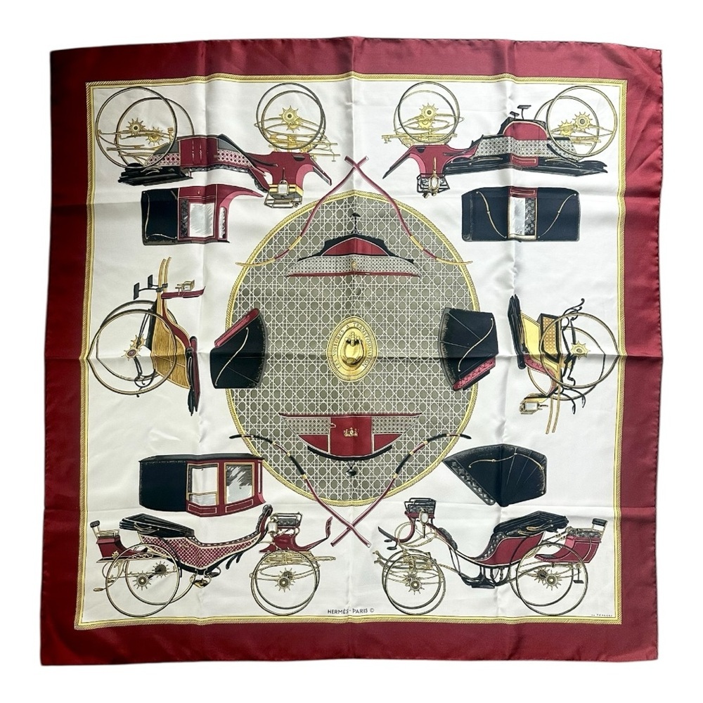 Hermès Les Voitures Nouvelles Silk Scarf Carre 90 Burgundy White Gold Clean - Picture 2 of 9